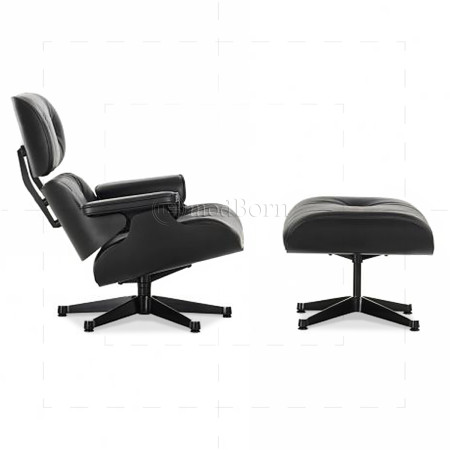 Eames Style Lounge Chair & Ottoman – Black Leather on Black Wood