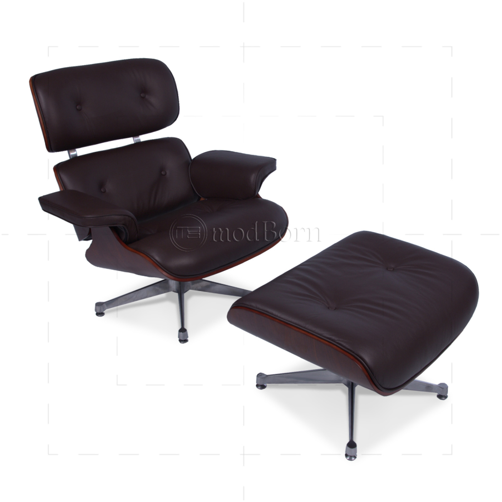 Eames Style Lounge Chair & Ottoman – Brown Leather & Cherry Wood