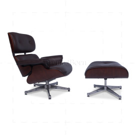 Eames Style Lounge Chair & Ottoman – Brown Leather & Cherry Wood