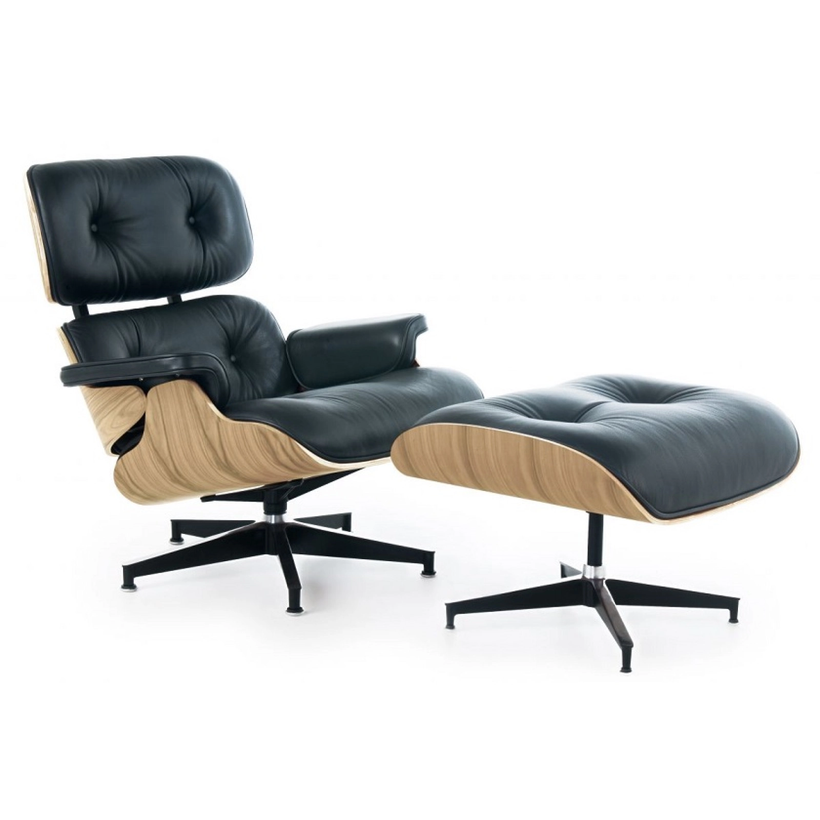 Lounge Chair and Ottoman Black Leather Oak PlyWood Lounge Chair and Ottoman Black Leather Oak PlyWood