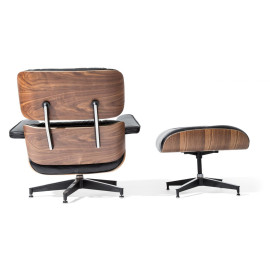 Lounge Chair and Ottoman Black Leather Walnut Wood