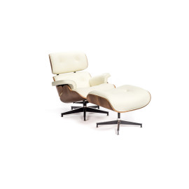 Lounge Chair and Ottoman WHITE Leather Walnut Wood