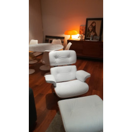 Lounge Chair and Ottoman White Leather ASH Plywood - TALLER Version