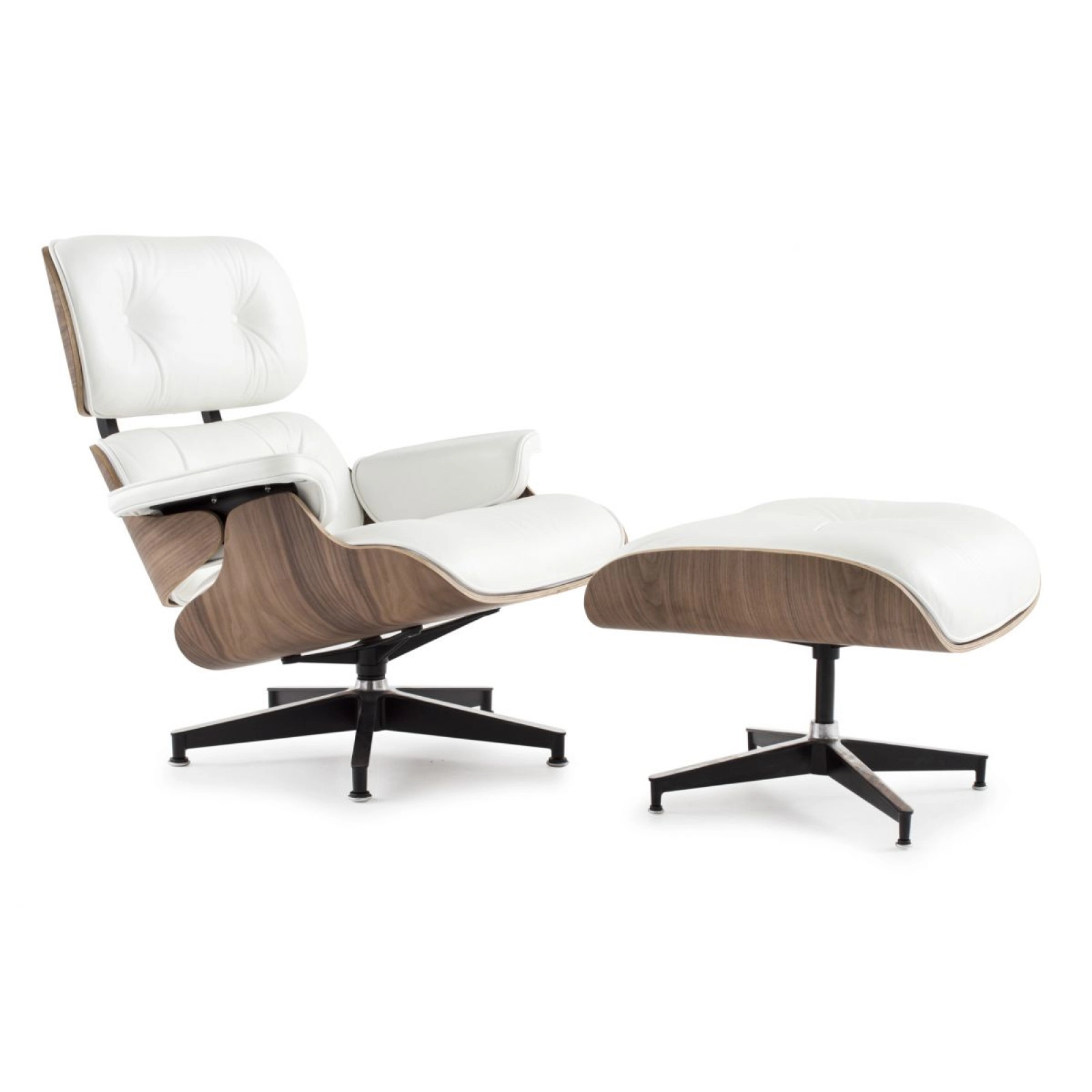 Lounge Chair and Ottoman WHITE Leather Walnut Wood Lounge Chair and Ottoman WHITE Leather Walnut Wood