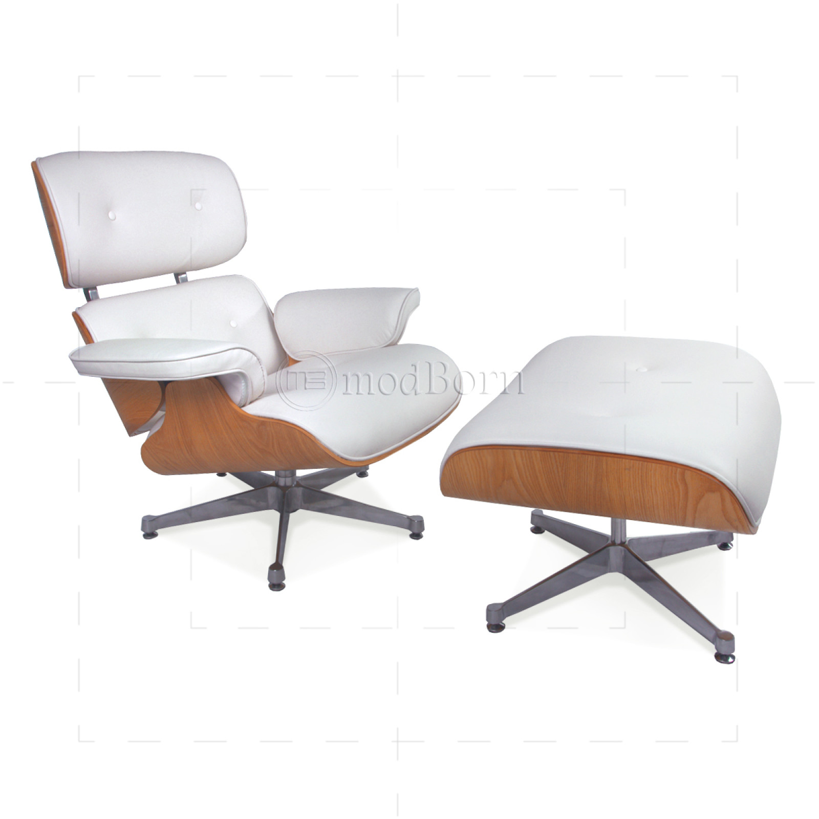 Eames Style Lounge Chair & Ottoman – White Leather & ASH Plywood