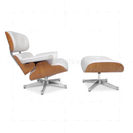 Eames Style Lounge Chair & Ottoman – White Leather & ASH Plywood