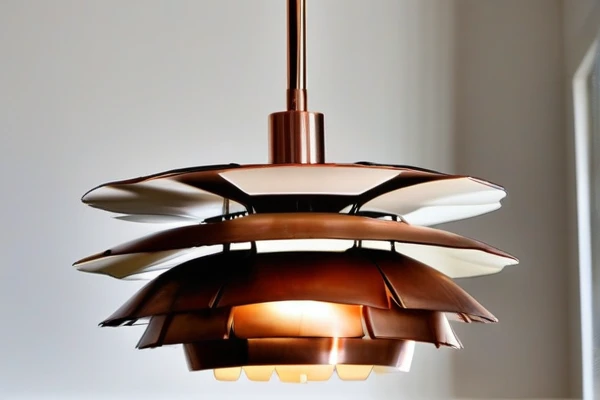 A detailed view of a copper Artichoke-style ceiling lamp, highlighting its sculptural design and the ambient light it creates in a minimalist room.