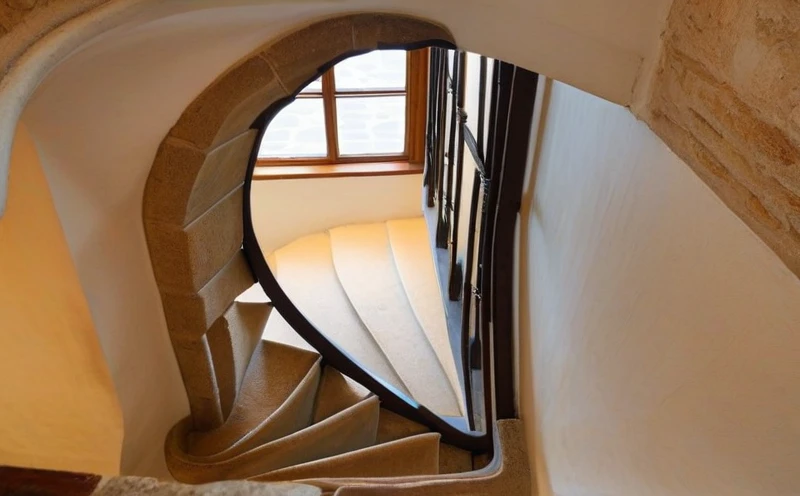 Narrow winding staircase in a historic European building