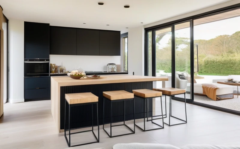 A modern, open-plan kitchen with a large central island featuring four contemporary bar stools in a mix of wood and metal, set against a backdrop of light wood flooring and large windows.