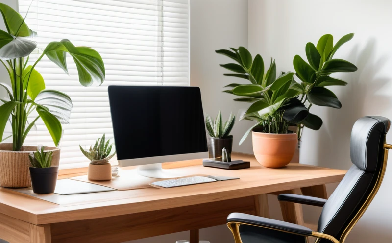 A modern home office setup featuring a stylish leather office chair with a high back and soft pad, placed in front of a large wooden desk with a computer and plants, natural daylight, warm and professional mood, clean and minimalist European interior, no human faces.