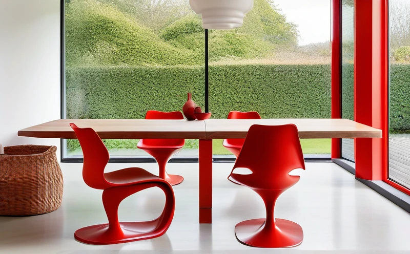 Modern dining room interior with a red Panton-style chair as a focal point.