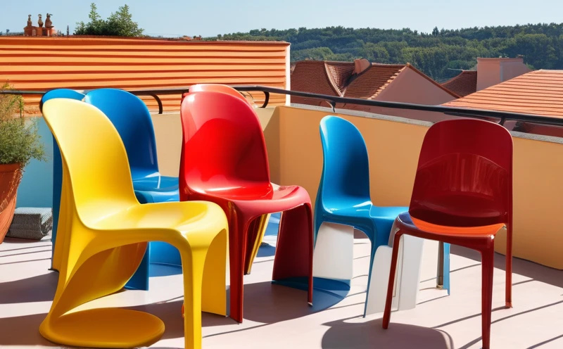 A stack of colourful Panton-style chairs on a sunny balcony.