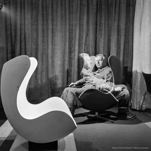 Egg Chair and Swan Chair, styled after Arne Jacobsen’s modernist creations