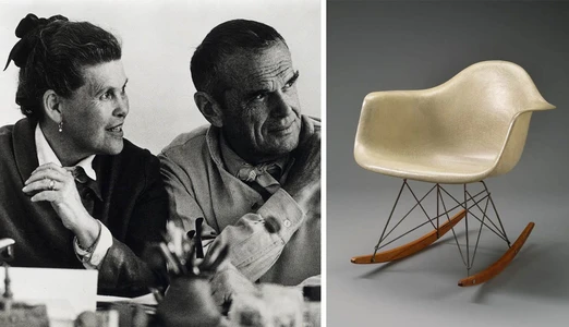 Eames Lounge Chair, Molded Plywood Chair, and Wire Base Table arranged in a modern interior
