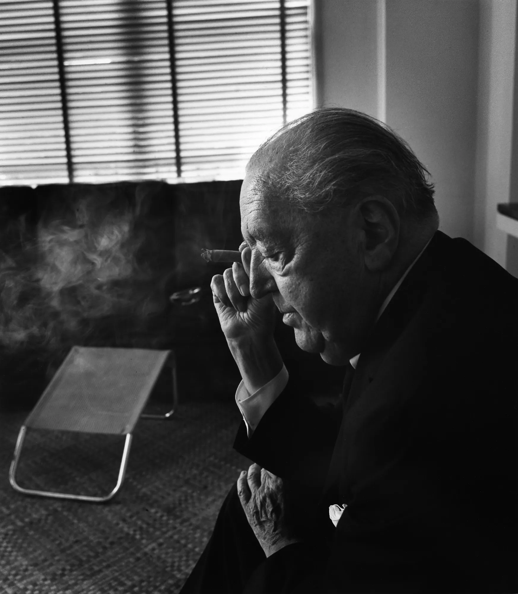 Ludwig Mies van der Rohe standing confidently with a cigar in hand, embodying modernist elegance