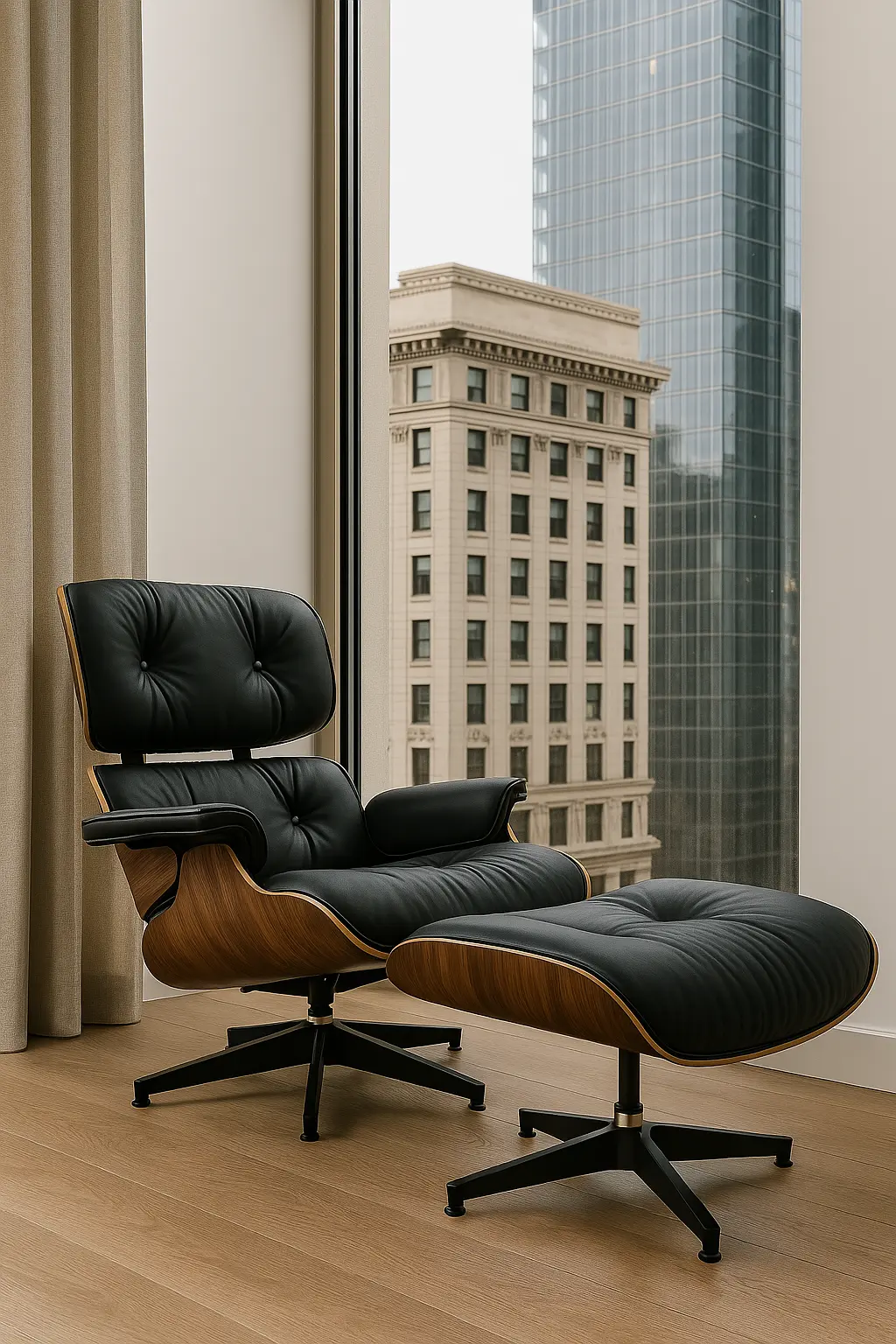 Eames Lounge Chair – Classic Wood and Leather Appeal Eames Lounge Chair angled in wood-paneled study