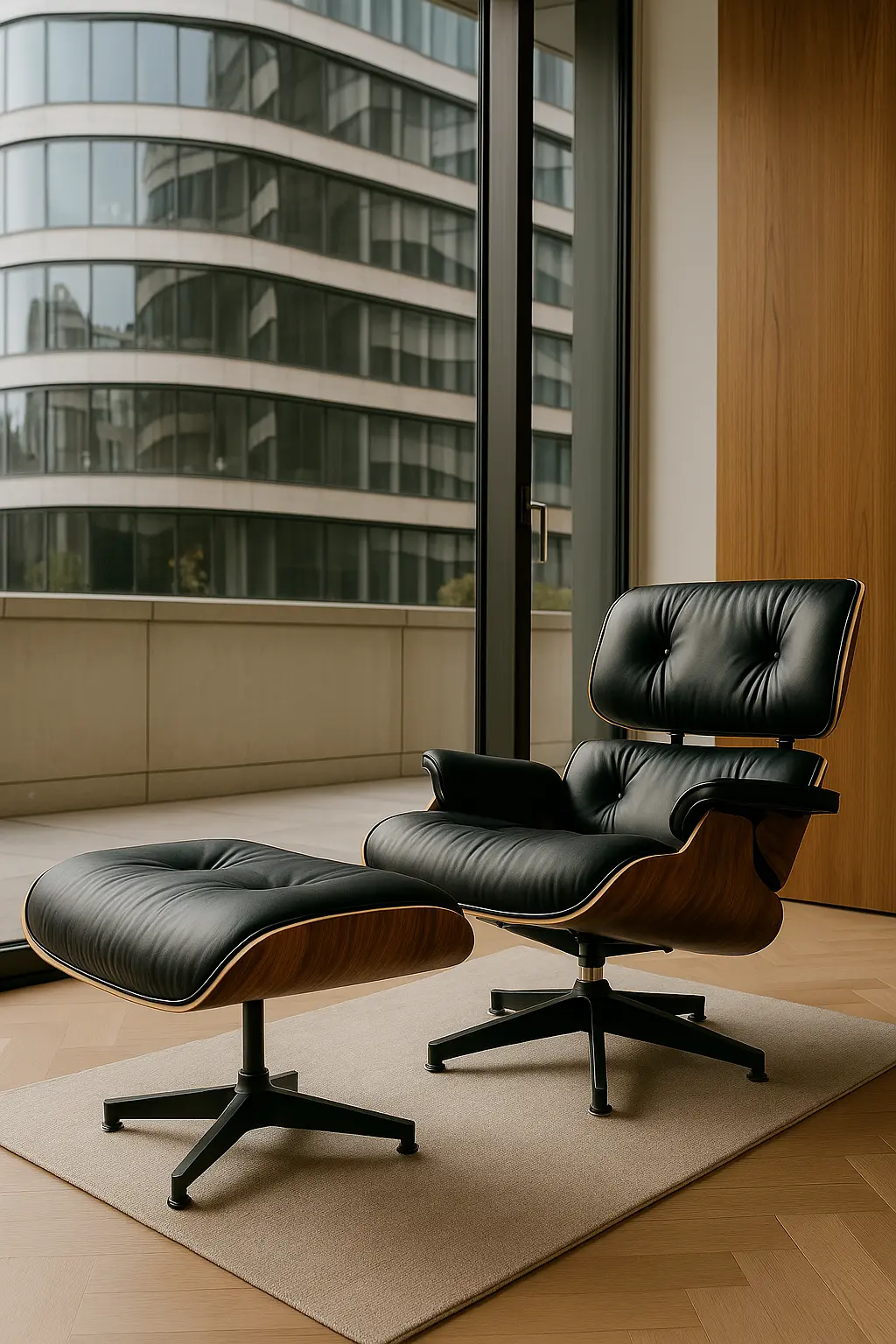 Iconic Eames Chair – Relaxed Luxury with Timeless Form Eames Lounge Chair with ottoman near bookshelf