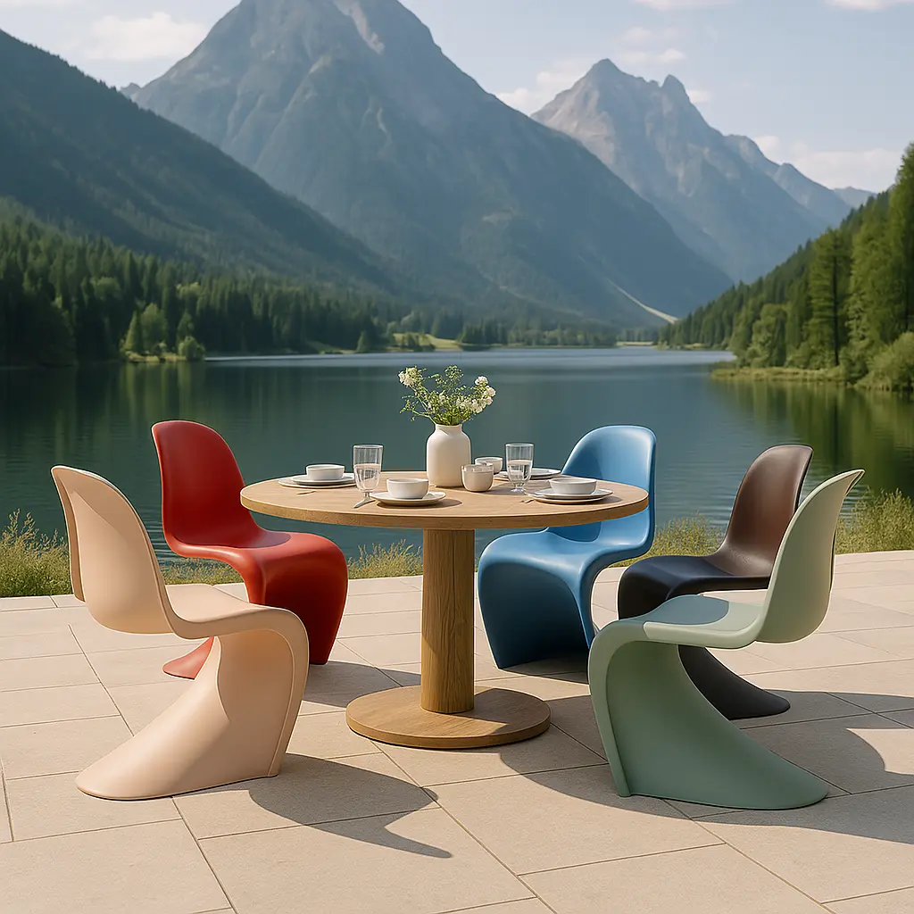 Vibrant Mid-Century Form – The Panton Statement Colorful Panton chairs in a minimalist room